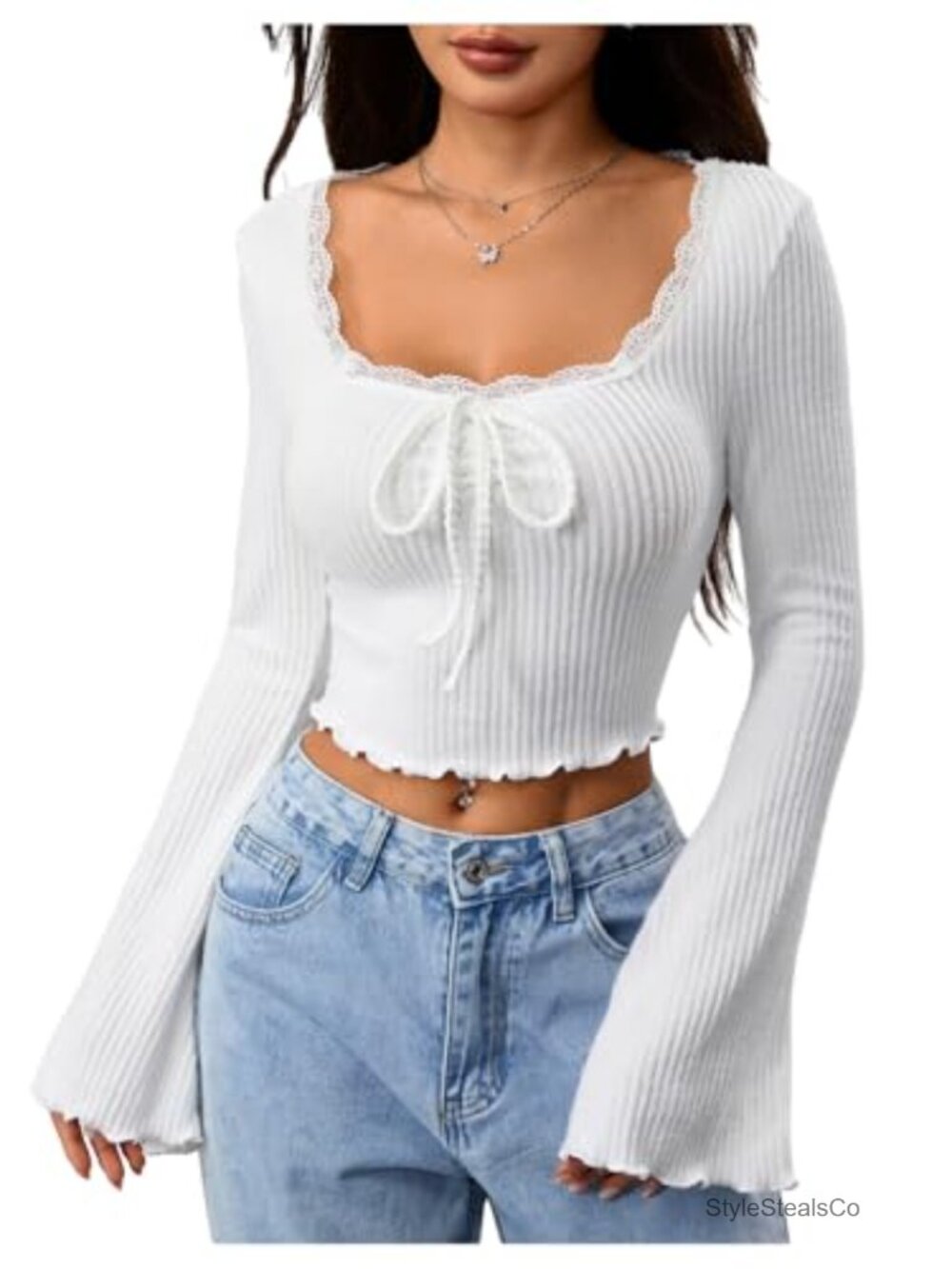 Lace Bell Sleeve Bow Tie Knit Crop Top Women's Going Out Blouse